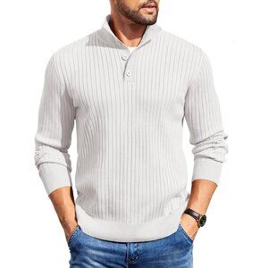 Men's Quarter Button Sweater Long Sleeve Stand Collar Sweater Knitted White